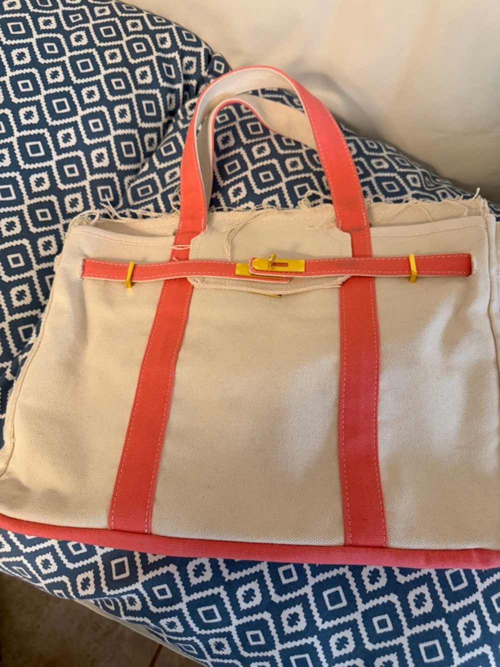 Boatkin-New-Coral trimmed Boatkin canvas tote bag, gold buckle & lock closure.